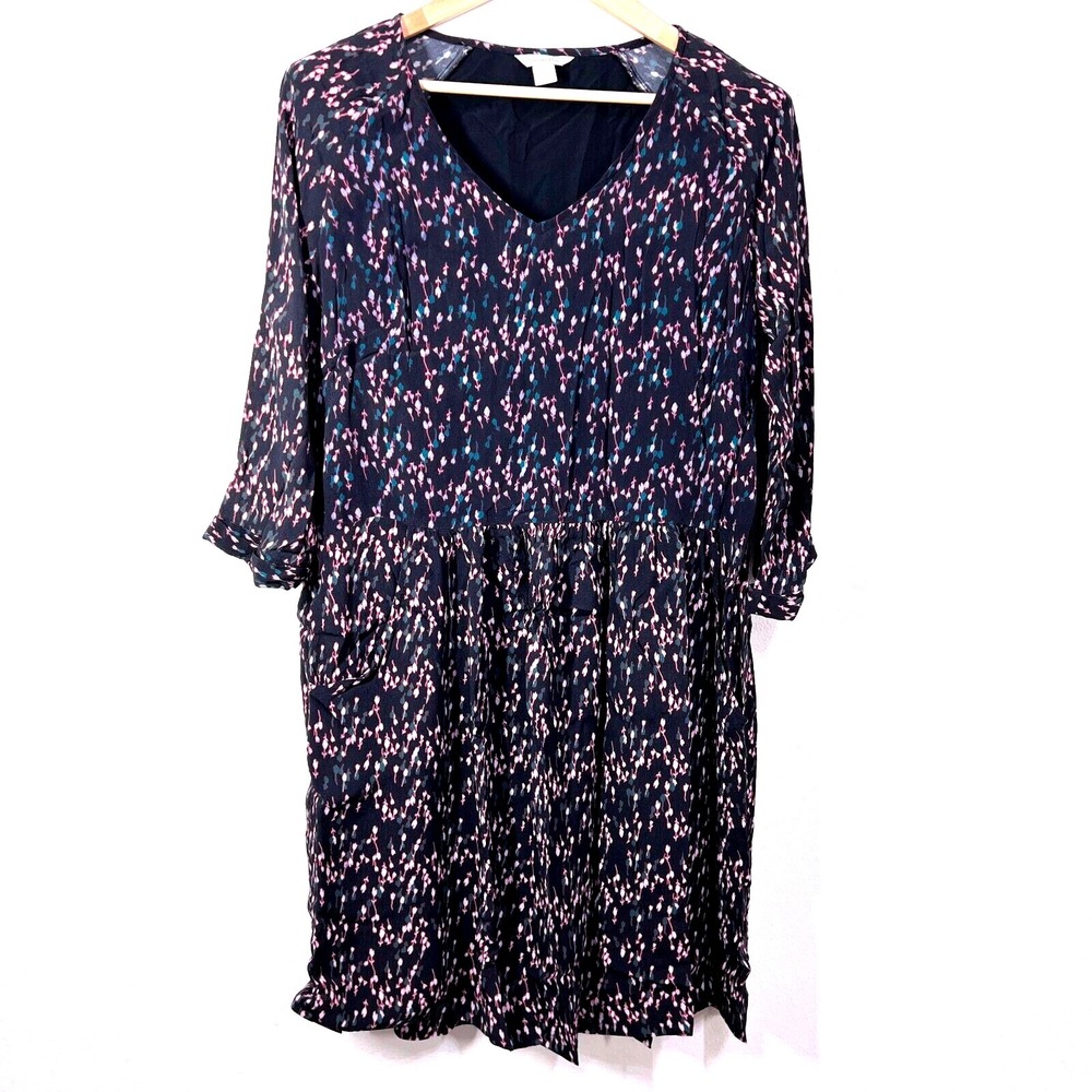 Garnet Hill  Micro‎ Floral Print Dress V-Neck Long Sleeve Casual Midi Dress  12